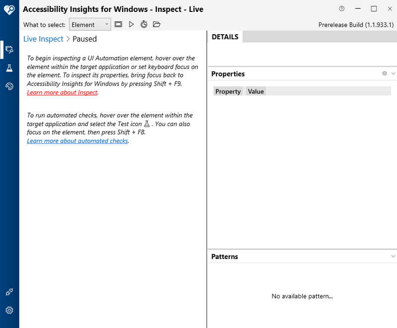 Accessibility Insights Main Window with Live Inspect Paused.