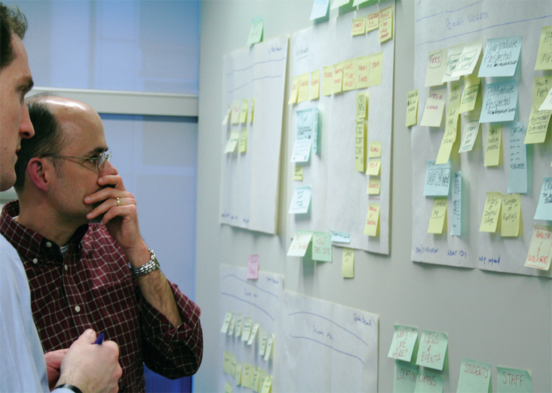 David Poteet, President of New City Media, mulls over features for each part of an application at the Imperial College of London with Tom Miller, Director of Communications, left. They wrote down tasks or task groups from the mental models on sticky notes and put them onto posters that represented key interactions, like “Apply to Imperial” or “Research at Imperial.”