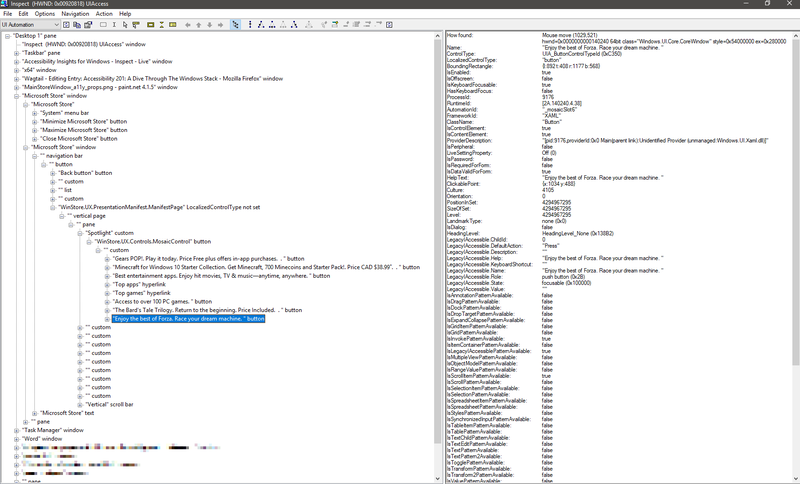 Inspect.exe performing a full analysis on every single Window handle available in the desktop and showing extremely verbose and detailed information of the Microsoft Store Forza Button